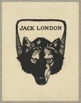 Bookplate with Jack London text above a wolfs head.