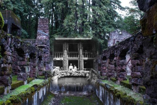 Ruin of a house with 2 people standing in front of a empty pool